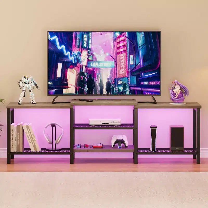 Supporto TV Aperto a 3 Ripiani Marrone/Grigio con Presa di Corrente, Adatto a TV fino a 75", Montaggio da 1 Persona