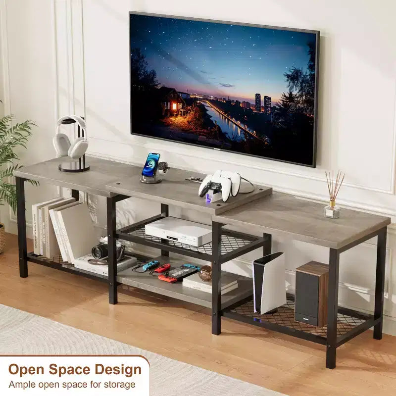 Supporto TV Aperto a 3 Ripiani Marrone/Grigio con Presa di Corrente, Adatto a TV fino a 75", Montaggio da 1 Persona