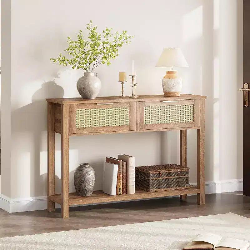 Rattan Entryway Table with Drawers, Boho Console Table for Entryway, Wooden Sofa Table with Storage, 2 Tier Console Table for Living Rooms, Hallway