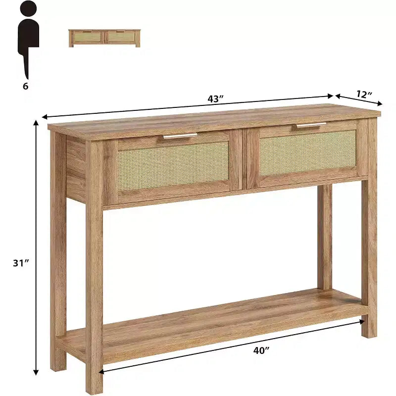 Consolle in Rattan Beige e Legno con 2 Cassetti, a 2 Livelli, per Ingresso / Soggiorno