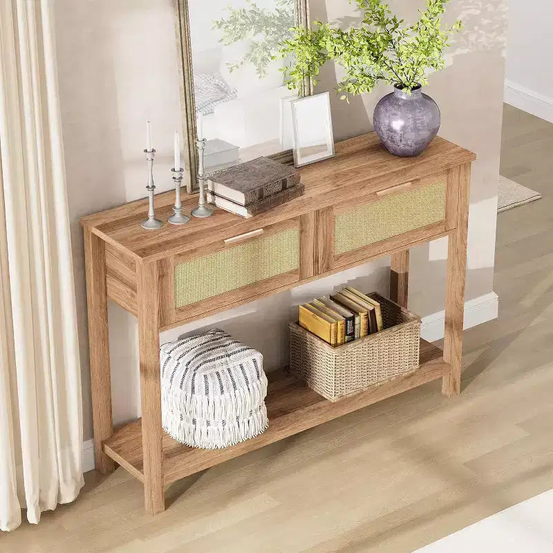 Consolle in Rattan Beige e Legno con 2 Cassetti, a 2 Livelli, per Ingresso / Soggiorno