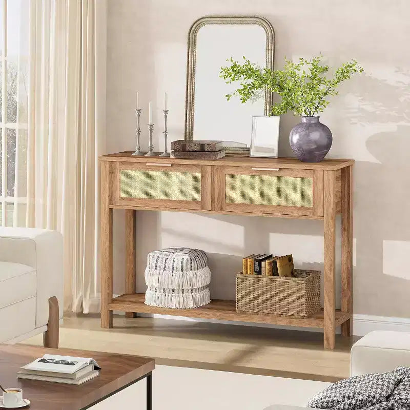 Consolle in Rattan Beige e Legno con 2 Cassetti, a 2 Livelli, per Ingresso / Soggiorno