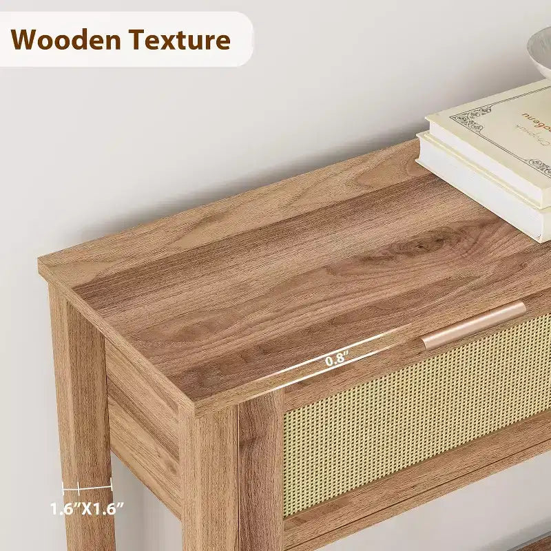 Consolle in Rattan Beige e Legno con 2 Cassetti, a 2 Livelli, per Ingresso / Soggiorno