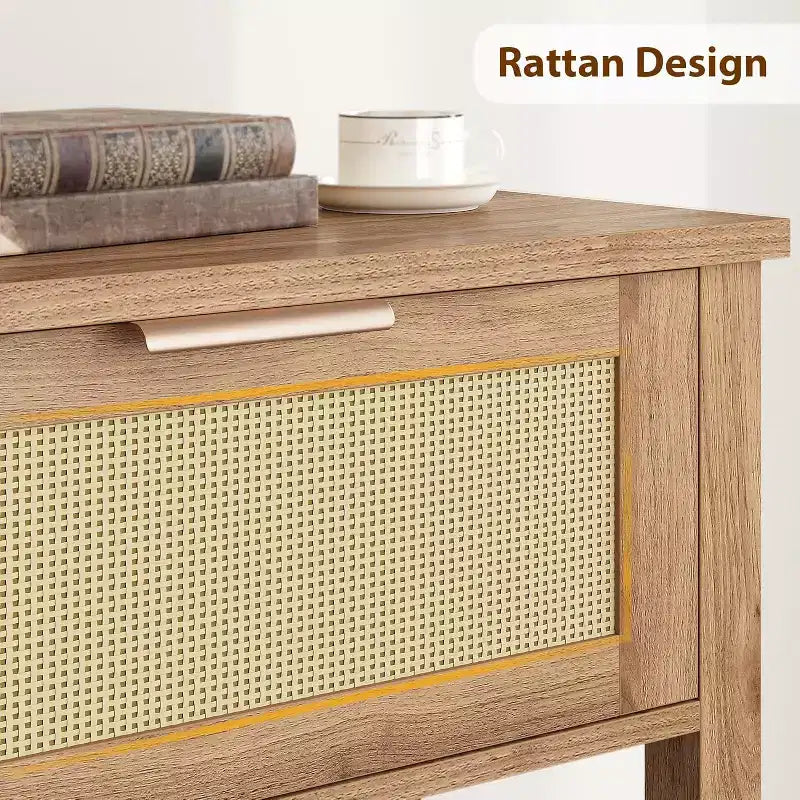 Consolle in Rattan Beige e Legno con 2 Cassetti, a 2 Livelli, per Ingresso / Soggiorno