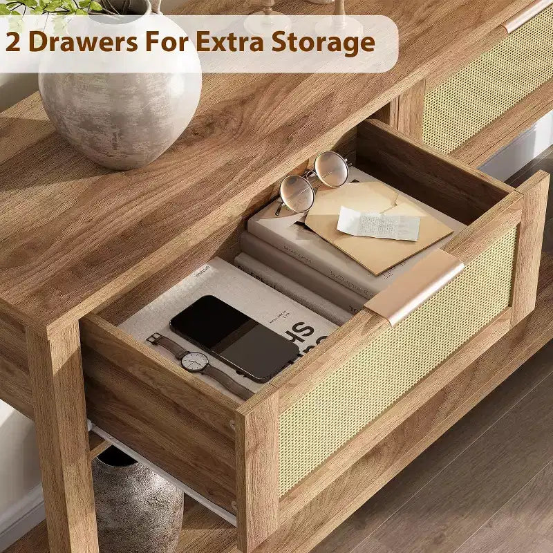 Consolle in Rattan Beige e Legno con 2 Cassetti, a 2 Livelli, per Ingresso / Soggiorno