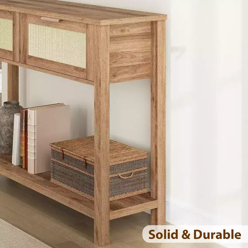 Consolle in Rattan Beige e Legno con 2 Cassetti, a 2 Livelli, per Ingresso / Soggiorno