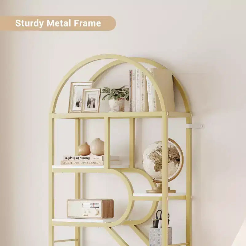 Libreria geometrica ad arco a 6 ripiani, marrone/oro+bianco, contenitore aperto per 1 persona, legno e metallo