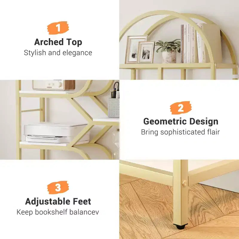 Libreria geometrica ad arco a 6 ripiani, marrone/oro+bianco, contenitore aperto per 1 persona, legno e metallo