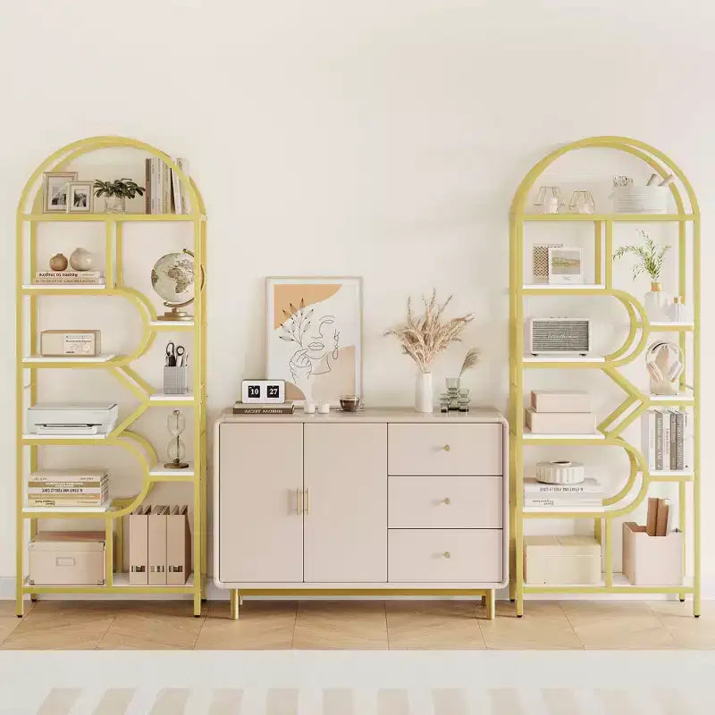 Libreria geometrica ad arco a 6 ripiani, marrone/oro+bianco, contenitore aperto per 1 persona, legno e metallo