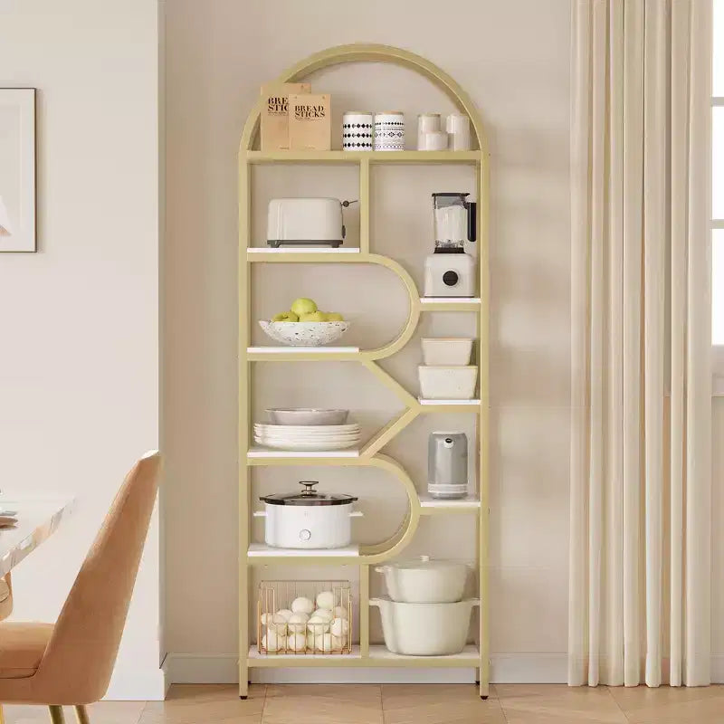 Libreria geometrica ad arco a 6 ripiani, marrone/oro+bianco, contenitore aperto per 1 persona, legno e metallo