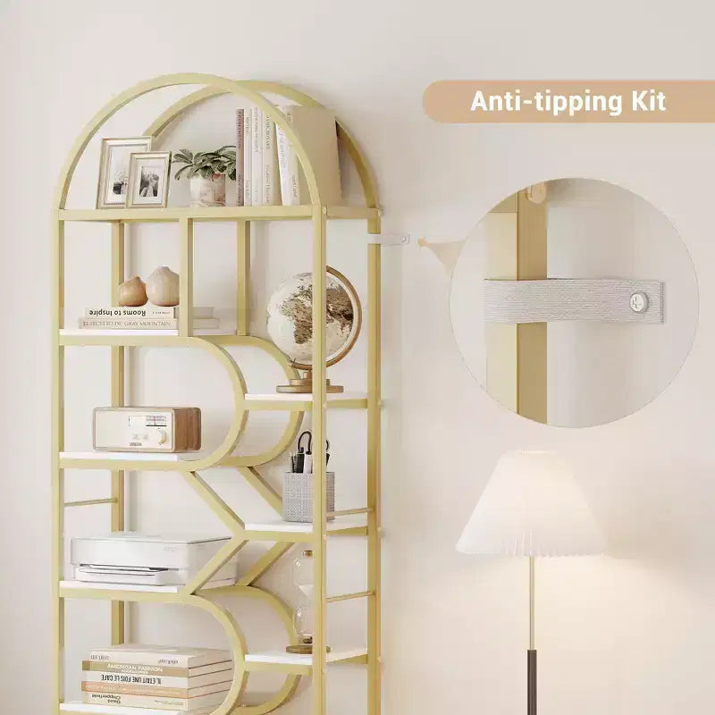 Libreria geometrica ad arco a 6 ripiani, marrone/oro+bianco, contenitore aperto per 1 persona, legno e metallo