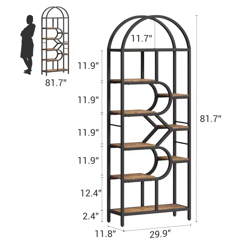 Libreria geometrica ad arco a 6 ripiani, marrone/oro+bianco, contenitore aperto per 1 persona, legno e metallo