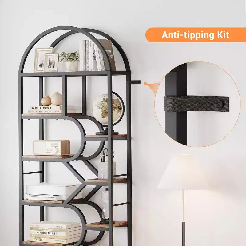 Libreria geometrica ad arco a 6 ripiani, marrone/oro+bianco, contenitore aperto per 1 persona, legno e metallo