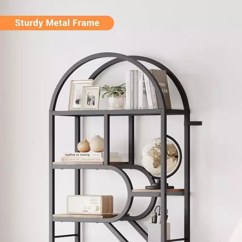 Libreria geometrica ad arco a 6 ripiani, marrone/oro+bianco, contenitore aperto per 1 persona, legno e metallo