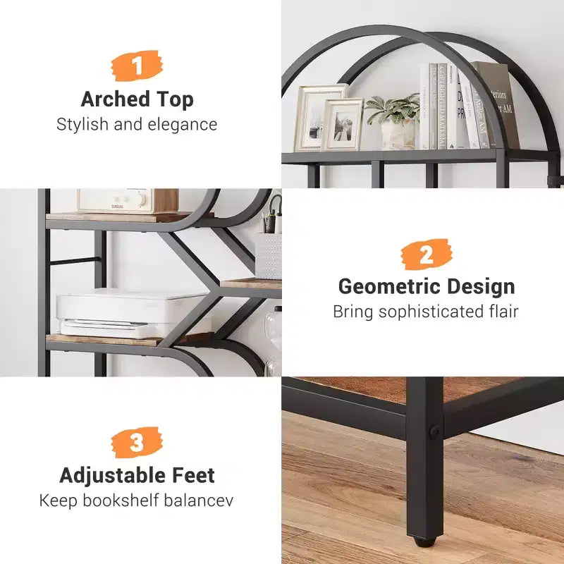 Libreria geometrica ad arco a 6 ripiani, marrone/oro+bianco, contenitore aperto per 1 persona, legno e metallo