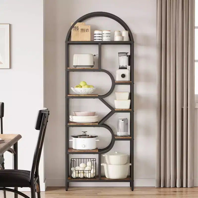 Libreria geometrica ad arco a 6 ripiani, marrone/oro+bianco, contenitore aperto per 1 persona, legno e metallo