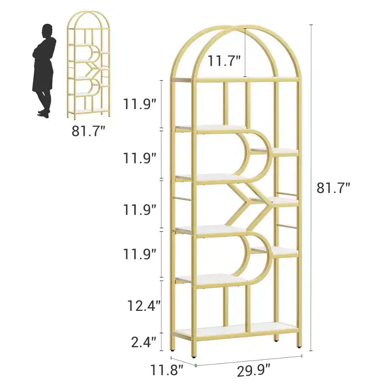 Libreria geometrica ad arco a 6 ripiani, marrone/oro+bianco, contenitore aperto per 1 persona, legno e metallo