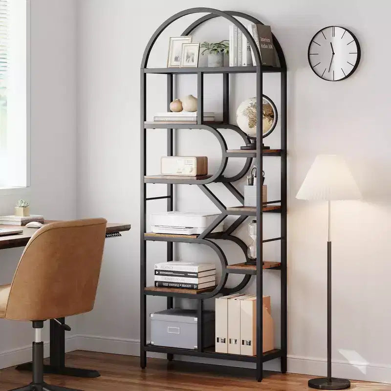 6 Tier Arched Bookcase, Geometric Bookshelf for Home & Office -,Modern Wood & Metal Bookcase with 35Lbs Capacity/Shelf, Open Storage Shelf for Bedroom