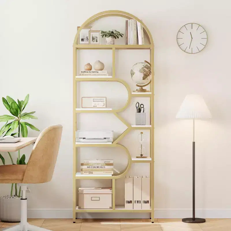 Libreria geometrica ad arco a 6 ripiani, marrone/oro+bianco, contenitore aperto per 1 persona, legno e metallo