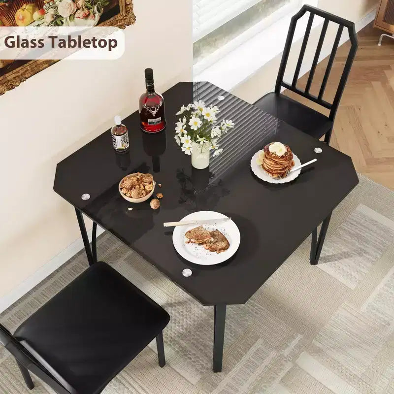 Set da Pranzo Quadrato in Vetro Nero per 2, Struttura in Metallo con Sedie Imbottite in PU