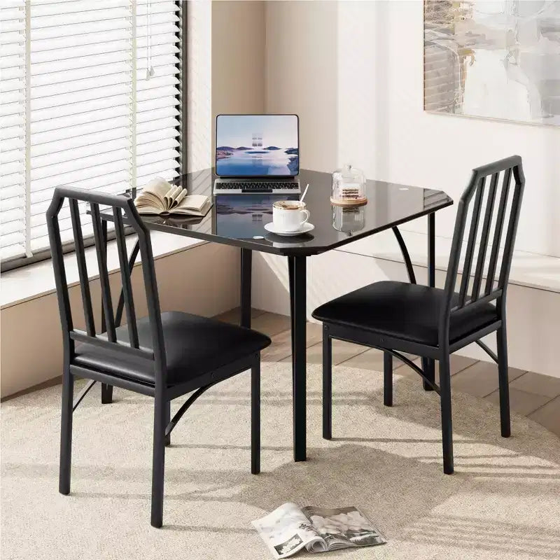 Set da Pranzo Quadrato in Vetro Nero per 2, Struttura in Metallo con Sedie Imbottite in PU