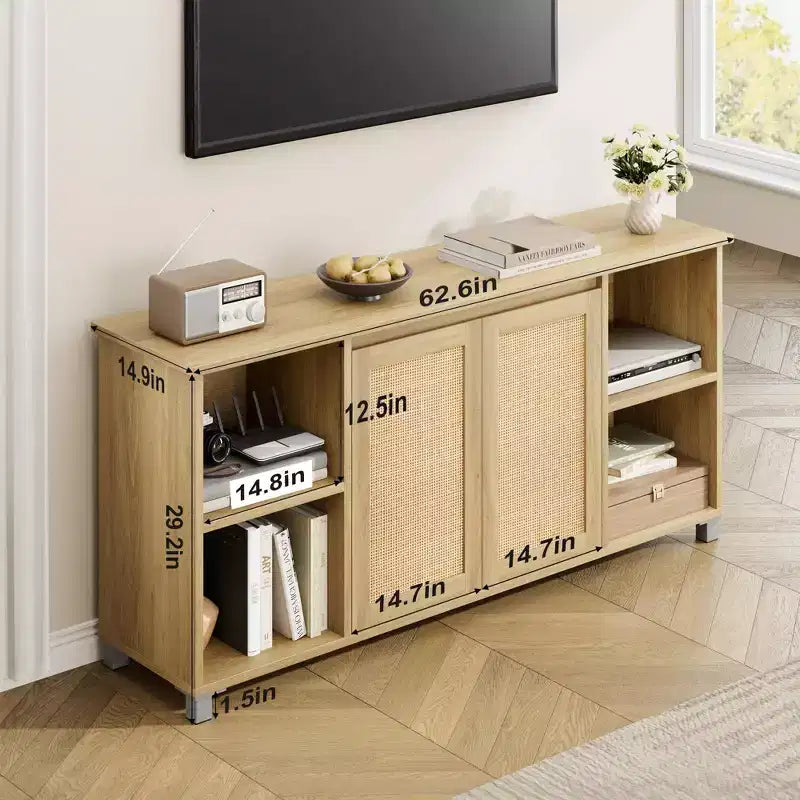 Mobile TV in legno colore Boho Rattan, adatto per TV fino a 70", montaggio con 1 persona