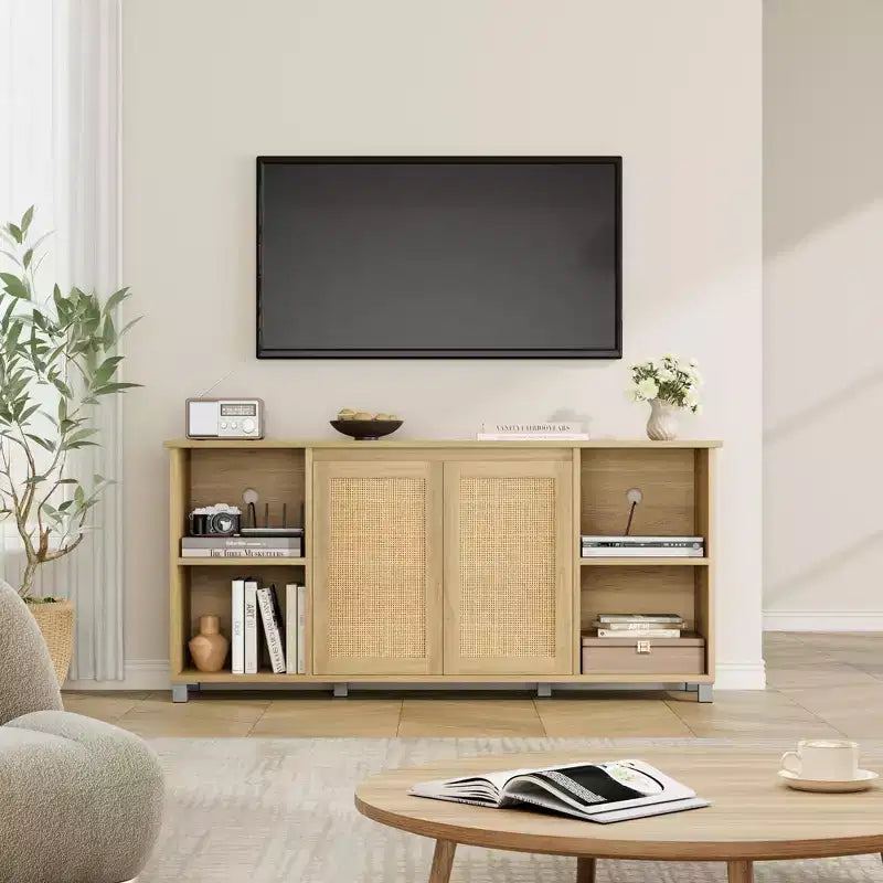 Mobile TV in legno colore Boho Rattan, adatto per TV fino a 70", montaggio con 1 persona