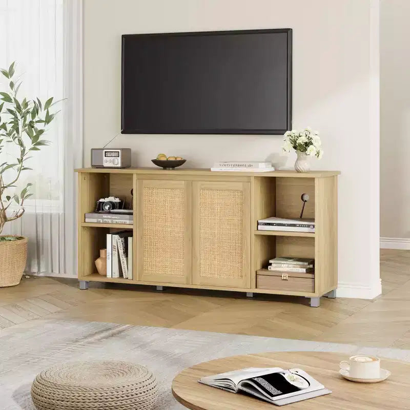 Mobile TV in legno colore Boho Rattan, adatto per TV fino a 70", montaggio con 1 persona
