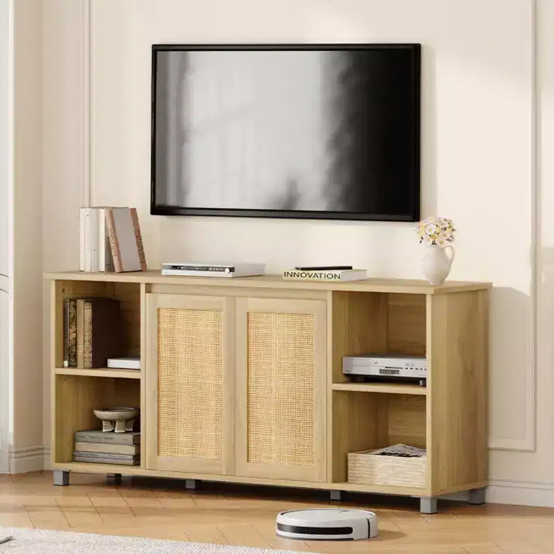 Mobile TV in legno colore Boho Rattan, adatto per TV fino a 70", montaggio con 1 persona