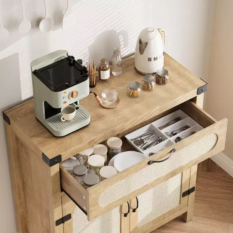 Credenza/mobile buffet in rattan nero/legno a 2 ante e 1 cassetto, singolo