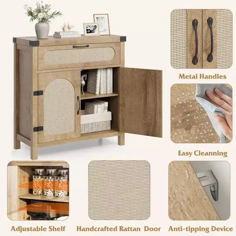 Credenza/mobile buffet in rattan nero/legno a 2 ante e 1 cassetto, singolo