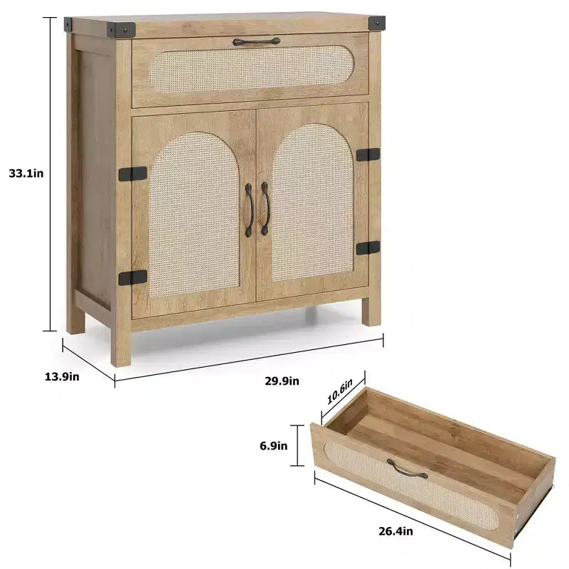 Credenza/mobile buffet in rattan nero/legno a 2 ante e 1 cassetto, singolo