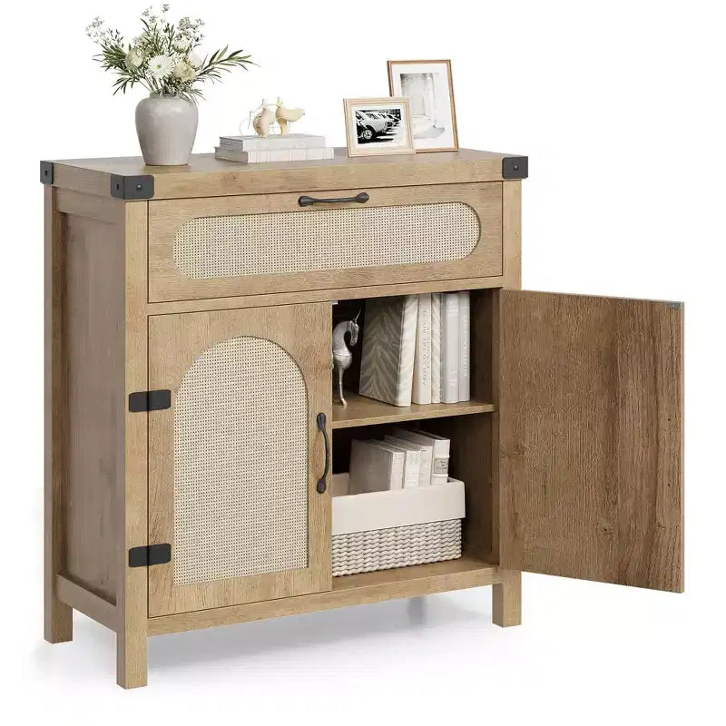 Credenza/mobile buffet in rattan nero/legno a 2 ante e 1 cassetto, singolo