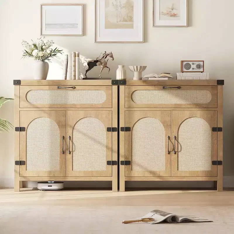 Credenza/mobile buffet in rattan nero/legno a 2 ante e 1 cassetto, singolo
