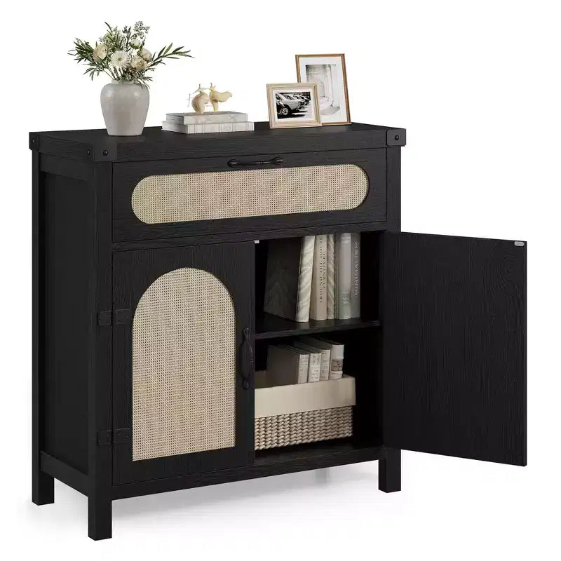 Credenza/mobile buffet in rattan nero/legno a 2 ante e 1 cassetto, singolo