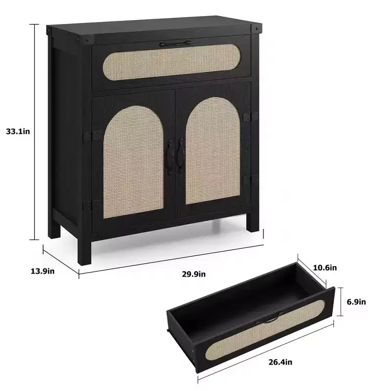 Credenza/mobile buffet in rattan nero/legno a 2 ante e 1 cassetto, singolo