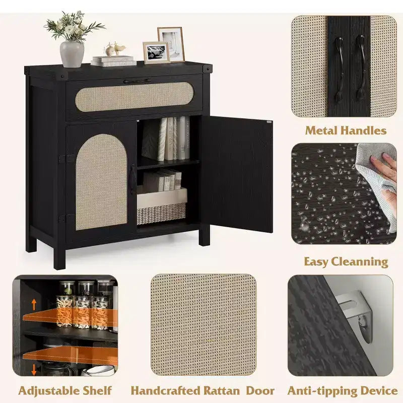 Credenza/mobile buffet in rattan nero/legno a 2 ante e 1 cassetto, singolo