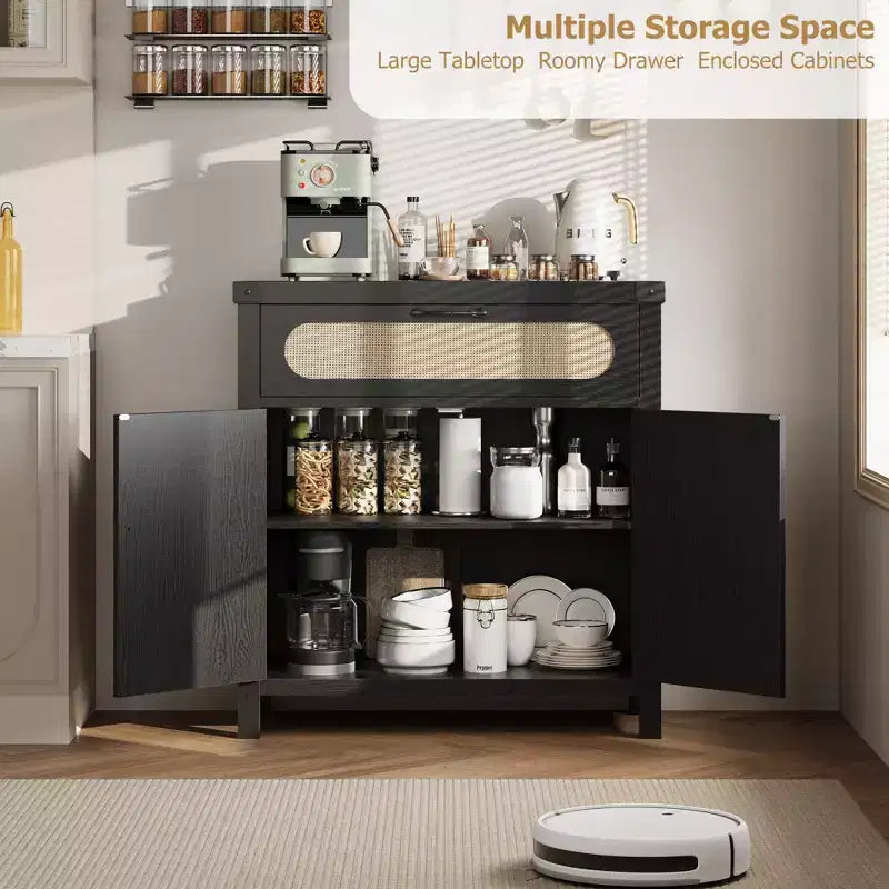 Credenza/mobile buffet in rattan nero/legno a 2 ante e 1 cassetto, singolo