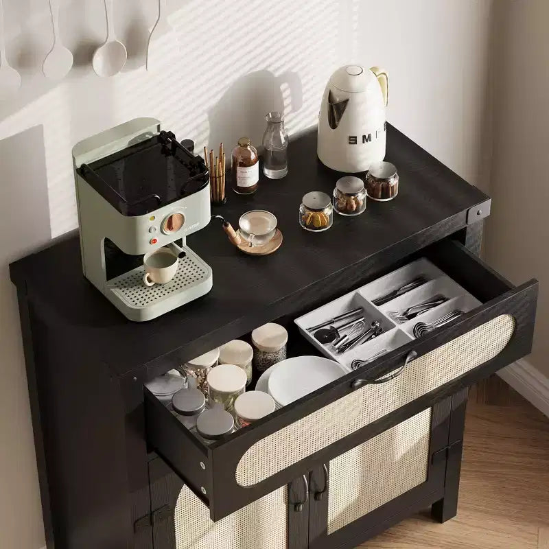 Credenza/mobile buffet in rattan nero/legno a 2 ante e 1 cassetto, singolo