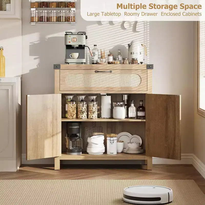 Credenza/mobile buffet in rattan nero/legno a 2 ante e 1 cassetto, singolo