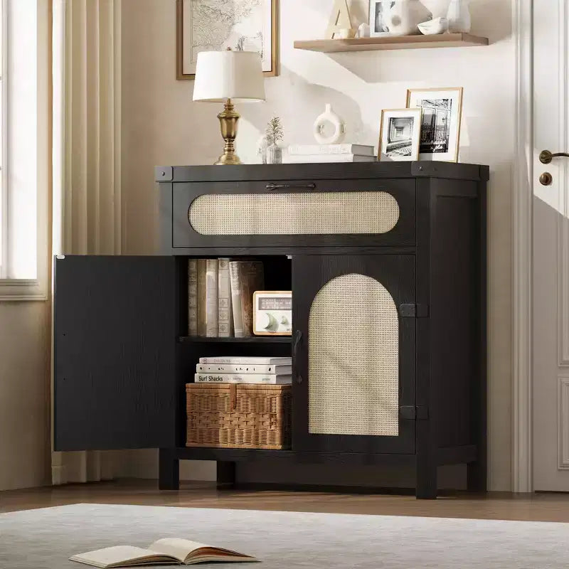 Rattan Sideboard Buffet Cabinets with Storage, Farmhouse Kitchen Accent Storage Cabinet with Drawer