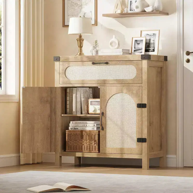 Credenza/mobile buffet in rattan nero/legno a 2 ante e 1 cassetto, singolo