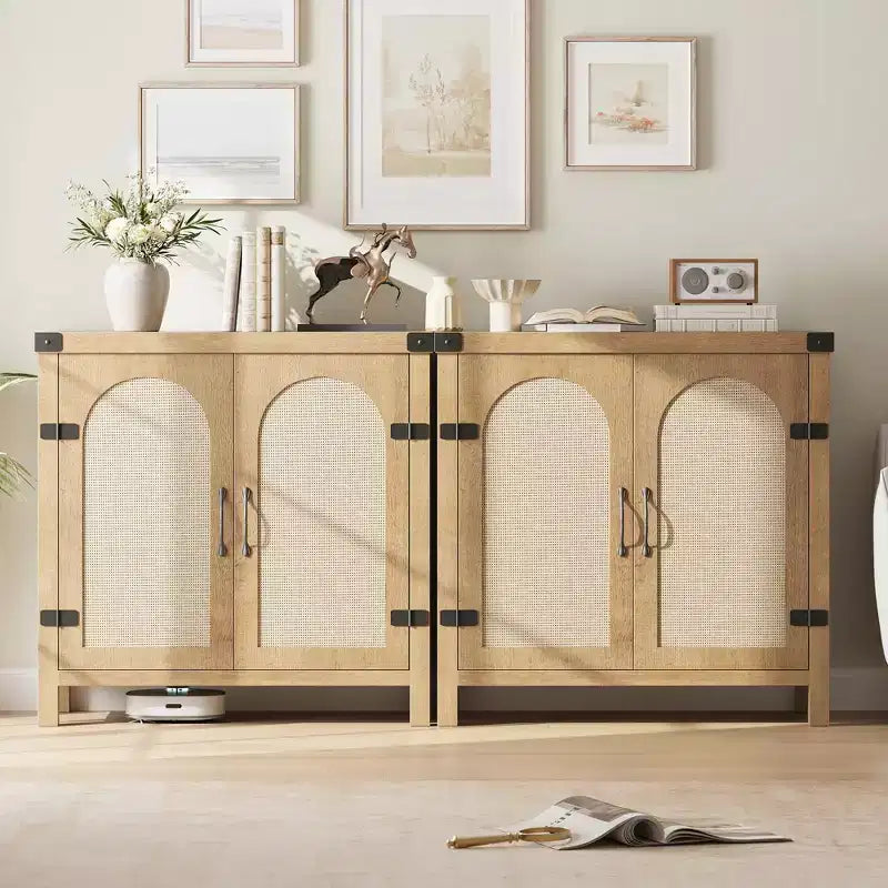 Credenza/Mobile Buffet in Rattan Colore Legno/Nero con 2 Ante, Montaggio da una Persona