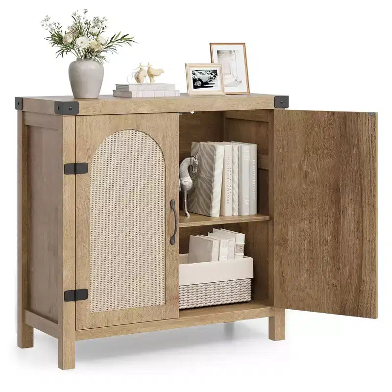 Credenza/Mobile Buffet in Rattan Colore Legno/Nero con 2 Ante, Montaggio da una Persona
