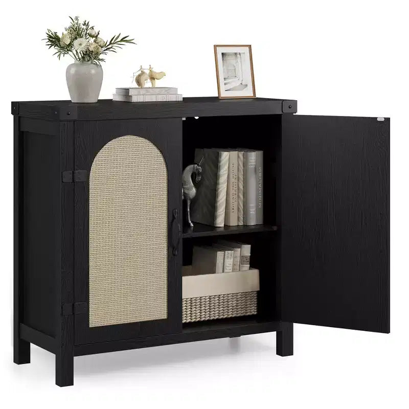 Credenza/Mobile Buffet in Rattan Colore Legno/Nero con 2 Ante, Montaggio da una Persona