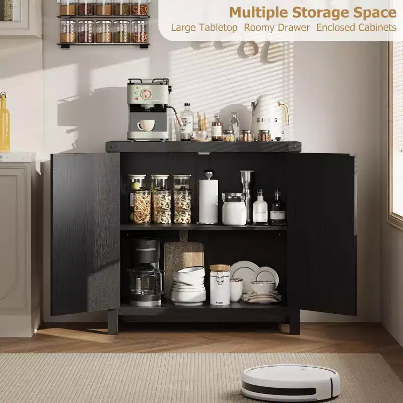 Credenza/Mobile Buffet in Rattan Colore Legno/Nero con 2 Ante, Montaggio da una Persona