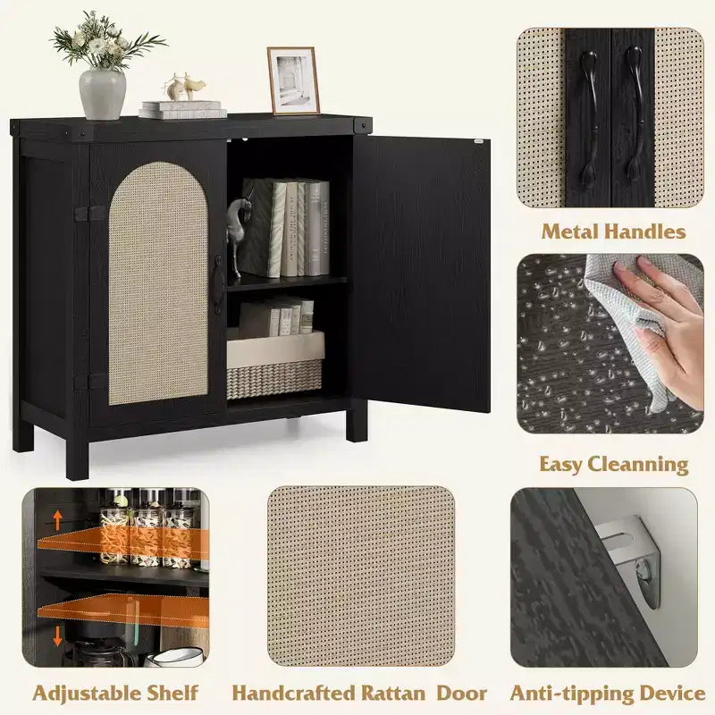 Credenza/Mobile Buffet in Rattan Colore Legno/Nero con 2 Ante, Montaggio da una Persona
