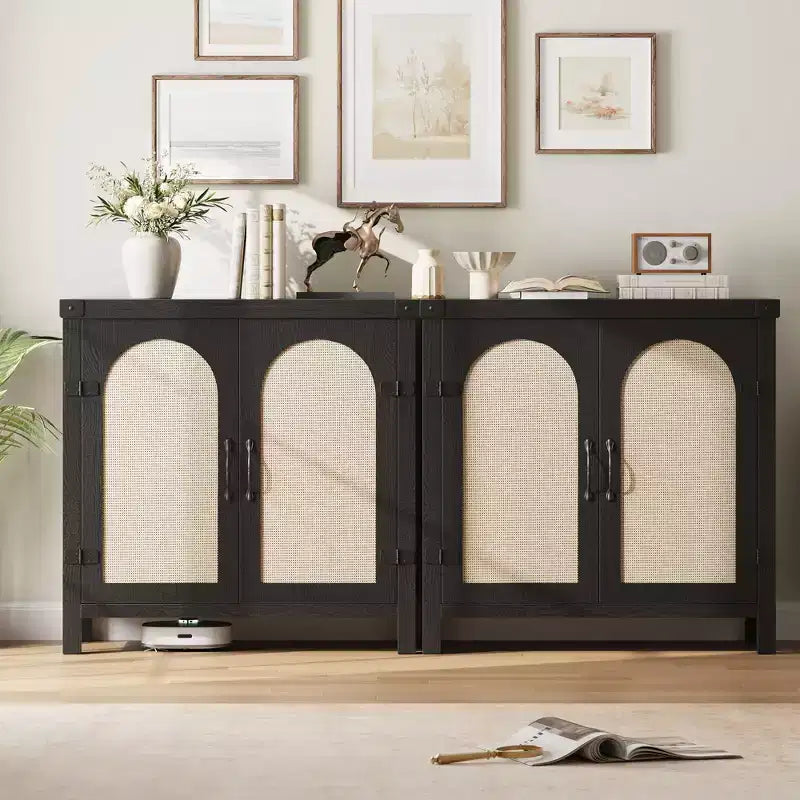 Credenza/Mobile Buffet in Rattan Colore Legno/Nero con 2 Ante, Montaggio da una Persona