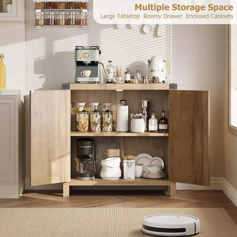 Credenza/Mobile Buffet in Rattan Colore Legno/Nero con 2 Ante, Montaggio da una Persona