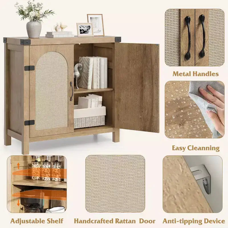 Credenza/Mobile Buffet in Rattan Colore Legno/Nero con 2 Ante, Montaggio da una Persona